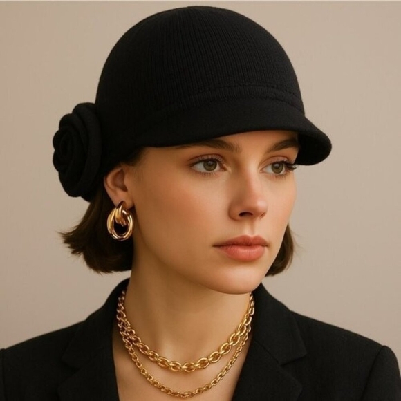 Sonia Rykiel Black Knit Hat Oversized Flower Detail Designer Women's Access T.2 - Picture 1 of 9